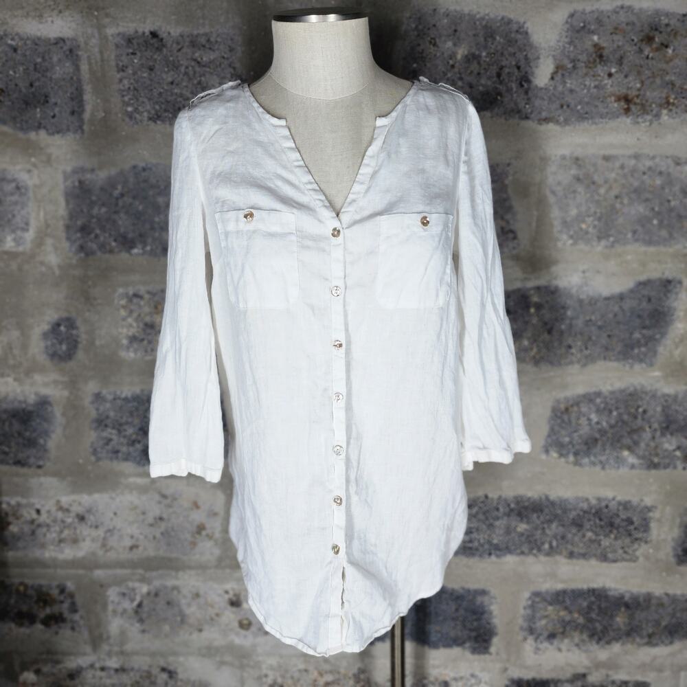 MONSOON sz 4 white linen 3/4 sleeve button front v neck tunic blouse top shirt